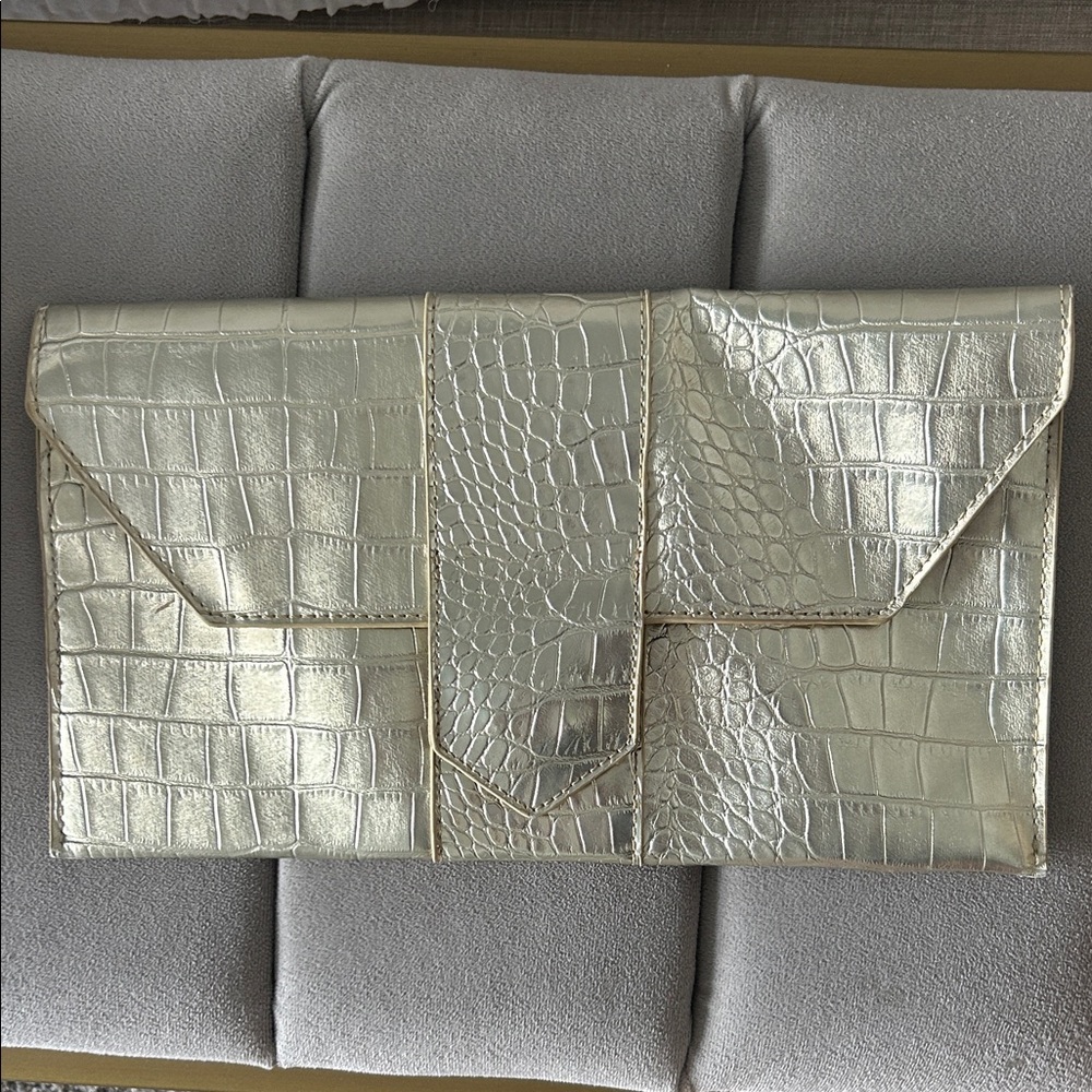 JJ Winters Metallic Silver Crocodile-Embossed Clutch